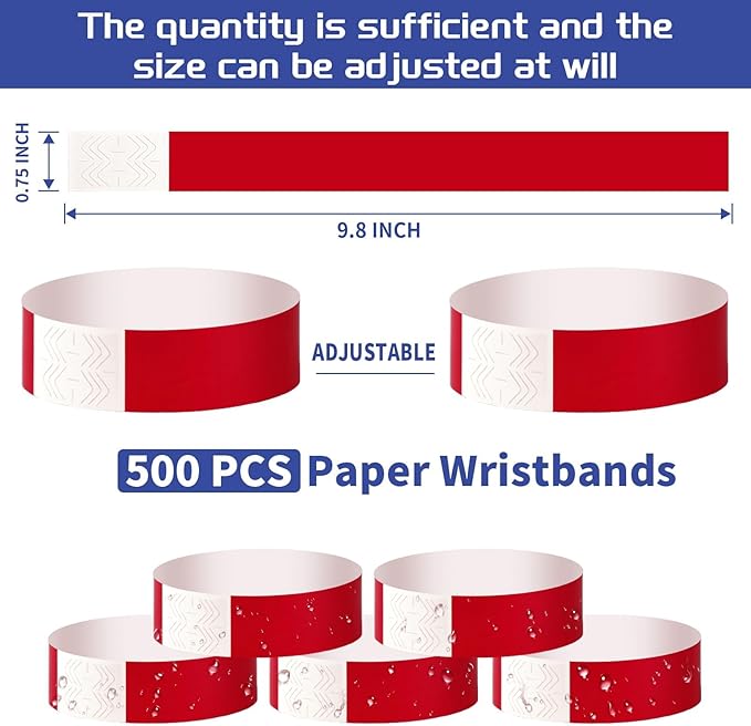 500 Pcs Red Paper Wristbands for Events Waterproof Neon Wrist Bands Adhesive Concert Identification Wristbands Hand Bands for Events (Red)