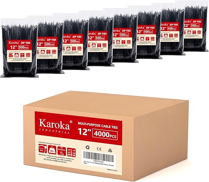 Zip Ties 12 inch (4000 Pack), Black, 50lbs Tensile Strength, UV Resistant Cable Ties for indoor and outdoor by Karoka