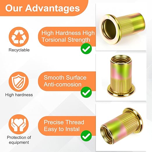 Metric Rivet Nut Assortment Kit, 105Pcs Carbon Steel SAE Rivet Nut, M3 M4 M5 M6 M8 UNC Flat Head Rivnut Set, Threaded Insertion Nut Sets for Automotive, Mechanical and Other Equipment