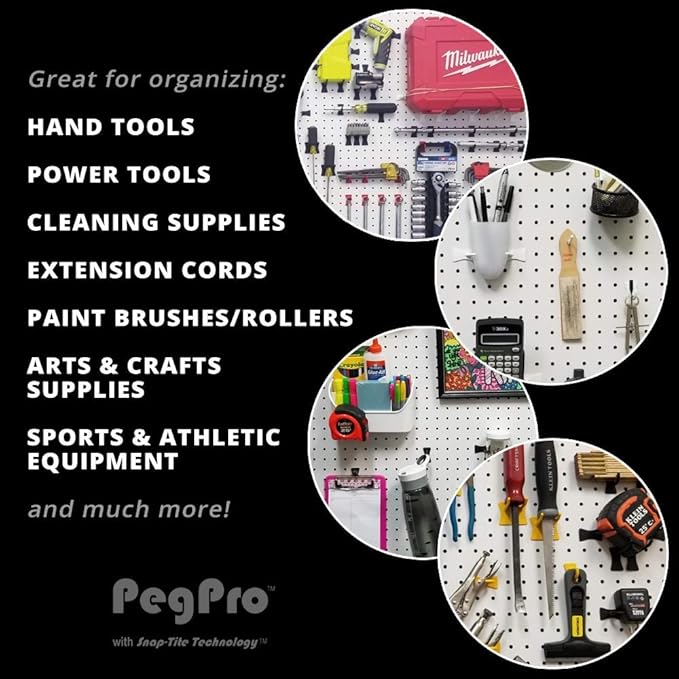 PegPro® J Hooks Kit for Standard “Wood Fiber” pegboard – Durable Plastic Pegboard Hooks - for Garage, Kitchen, Craft Room, and More (J Hook - 24 Pack, White)