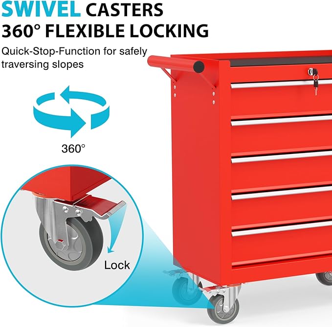 5 Drawers Rolling Tool Chest, Portable Storage Tool Box with Wheels, Tool Chest with Lock for Warehouse, Garage, Repair Shop and Tool Room