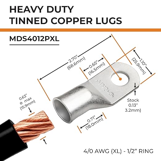 SELTERM 2pcs 4/0 AWG (XL) 1/2" Stud Tinned Copper Wire Lugs, Battery Lugs,Ring Terminals, Battery Cable Ends, 0000 Gauge Ring Terminal Connectors,UL Marine Grade Electrical Battery Terminal Connectors
