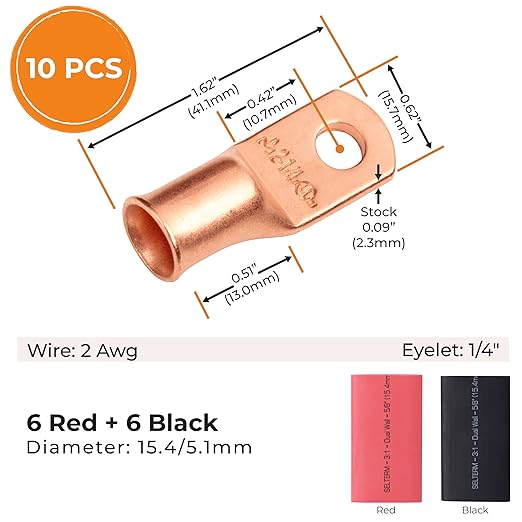 SELTERM 10pcs - 2 Awg - 1/4" Stud - Battery Lugs - Ring Terminal Connectors | with 12pcs 3:1 Black & Red Heat Shrink Tubing with Adhesive | Heavy Duty Battery Cable Ends - Bare Copper Wire Lugs Kit