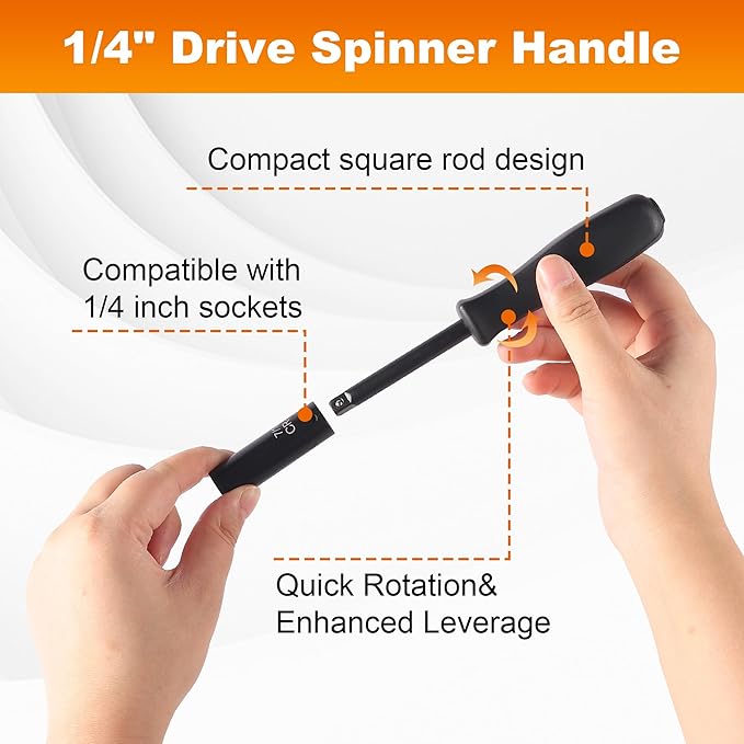 13-Piece 1/4" Drive Socket Set, SAE (3/16"- 11/32"), Deep Sockets, 72-Tooth Ratchet Wrench, Drive Spinner Handle, 6 Point Design, Cr-V