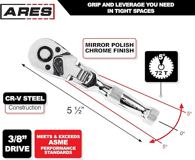 ARES 42044 - Flex Head Stubby Ratchet - 3/8-Inch Drive 72-Tooth Ratchet - Premium Chrome Vanadium Steel Construction & Mirror Polish Finish - Quick Release Reversible Direction Head Design