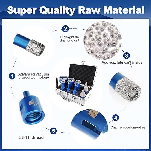 Diamond Core Drill Bit Set BRSCHNITT Diamond Hole Saw for Porcelain Tile Ceramic Marble Granite Drilling with 5/8-11 Thread(6/8/25/35/50/65 Drill bits,10-25mm Finger bit+SDS Adapter&35mm Chamfer bit.