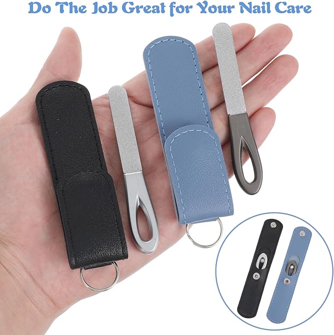 2 Pcs Stainless Steel Nail File,Metal Nail Files for Natural Nails,3.5IN Diamond Round Tip Stainless Steel Double Metal Nails File with Leather Sheath Travel (Black,Blue