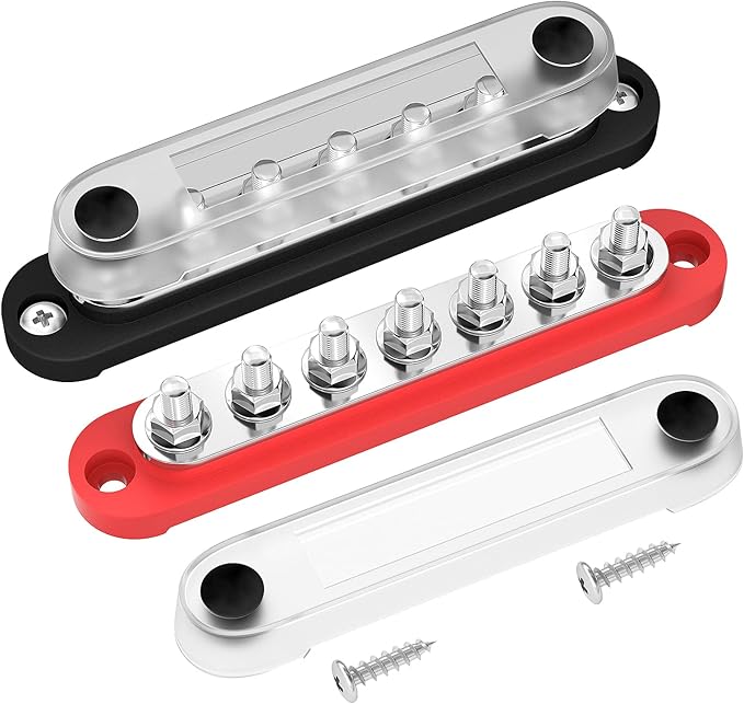 DAIERTEK Battery Bus Bar 12V Marine 7 x 1/4" (M6) Power Distribution Block with Cover 12V - 48V Positive & Negative Busbar Terminal Block for Automotive Car Boat
