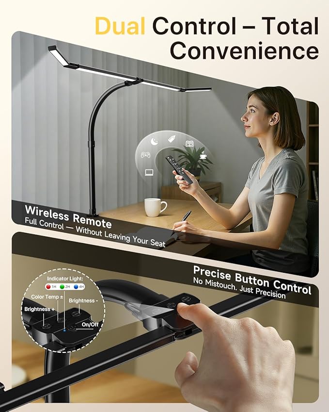 42" LED Desk Lamp with Clamp, Architect Desk Light with Remote, Adjustable 4-Segment Bar, 1800LM Bright, Eye-Caring Desk Lamp for Home Office, Reading, Study, Dual Monitors, Workbench (Black)