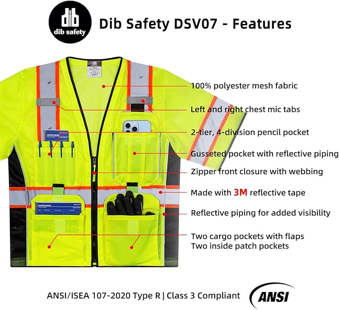 Dib Safety Reflective Mesh Vest ANSI Class 3, High Visibility with Pockets and Zipper, Made with 3M Reflective Tape, Yellow XL