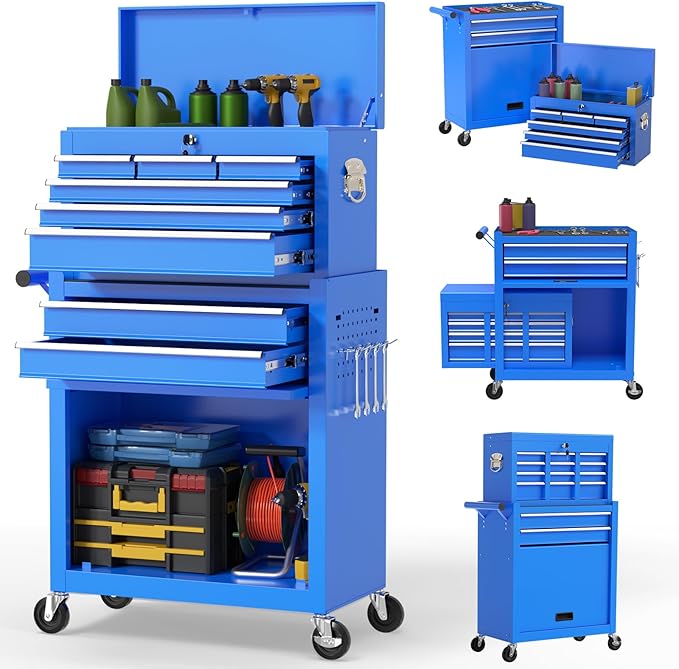 On Shine 8 Drawer Rolling Tool Chest, Large Capacity Rolling Tool Box with Wheels, Locking Mechanical Tool Chest, Portable Tool Box with Sliding Drawers,Metal Tool Box for Garage Workshop (Blue)