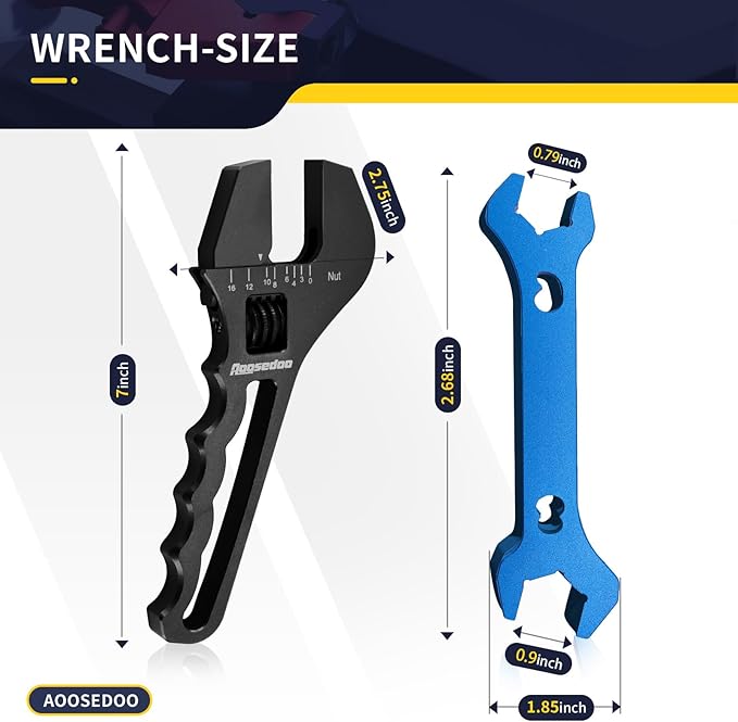 Adjustable AN Fittings Wrench For 3AN-16AN Hose Fitting Spanner Lightweight Aluminum Flat-ended Black With a 6AN-AN8 Double Hose End Fitting Wrench Blue