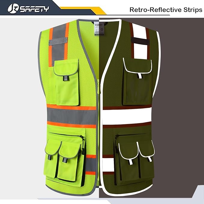 JKSafety 10 Pockets Hi-Vis Neon Color Frontal Zipper Mesh Safety Vest for Men Women Safety Utility for works Comply to ANSI/ISEA Class 2 (86-Yellow 3XL)