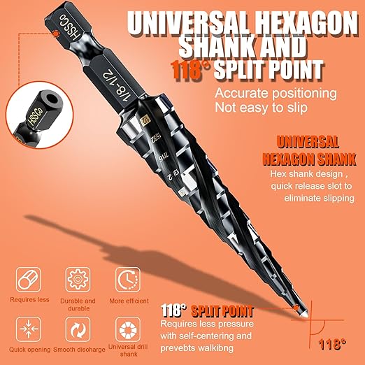 Four Spiral Flute Step Drill Bit for Metal,M35 Cobalt Unibit Step Drill Bit Set 1/8"-1/2"(13 Sizes),Wear-Resistant AlTiN Coated,1/4" Hex Shank for Metal, Stainless Steel, Aluminum, Plastic