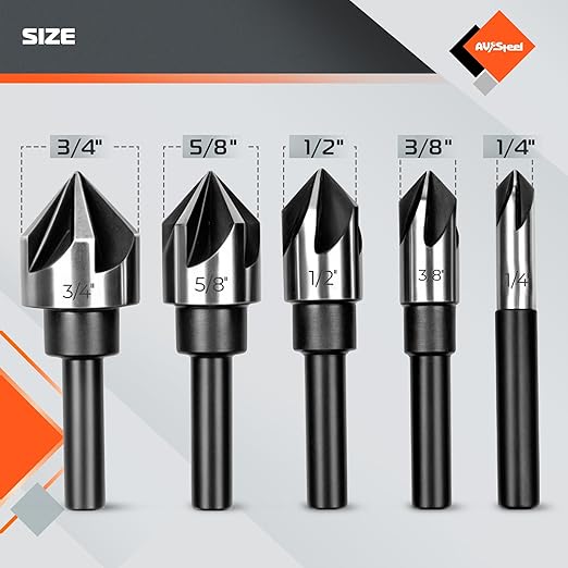 Countersink Drill Bit Set, Countersink Bit, HSS4241 Counter Sink, 82 Degree Countersink 1/4'' 3/8'' 1/2'' 5/8'' 3/4'', 5 Flute Pcs for Wood, Plywood, Plastic, Mild Steel with Aluminum Case