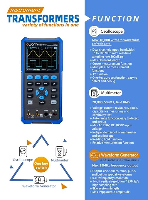 HDS2102S Oscilloscope, 100MHz Bandwidth 2+1 CH Digital Handheld Oscilloscope Multimeter, 3 in 1 Waveform Generator for Electronic Measurement, Circuit Design Test