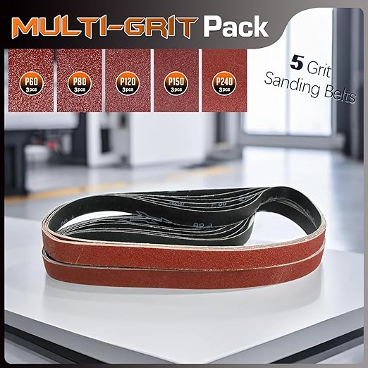 KonaFlex Sanding Belts 15 Pack 1x42 Inch Belt Sander Paper Aluminum Oxide with 60/80/120/150/240 Grits for Woodworking, Paint Sanding, Metalworking, Rust Removal