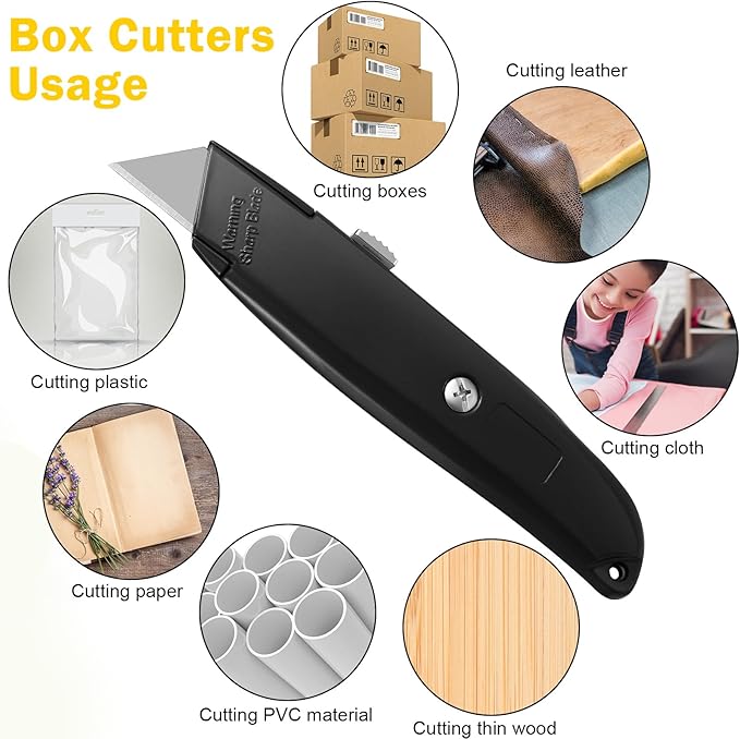 Reginary 30 Pcs Box Cutter Bulk Retractable Blade Utility Knife Heavy Duty Aluminum Alloy Razor Shell Knife for Cartons, Cardboard and Boxes, DIY, Factory, Home(Black)