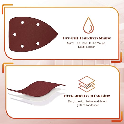 240 Grit Mouse Sander Sandpaper, Jamiikury 5 Hole Detail Sander Sandpaper Palm Sander Paper Mouse Sanding Pads Hook and Loop Sanding Sheets - Pack of 50