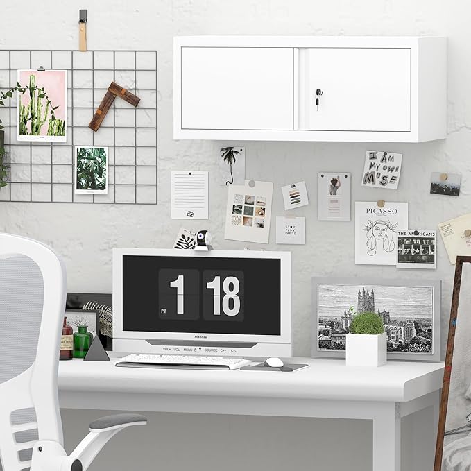 GREATMEET 13" H Metal Cabinets with Doors and Shelves, Metal Wall Cabinet with Lock, Wall Storage Cabinet for Living Room, Kitchen, White