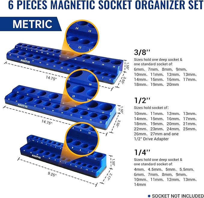 6-Piece Magnetic Socket Organizer Set, Magnetic Socket Holder Includes 1/4", 3/8", 1/2" Drive Metric SAE Socket Trays, Holds 143 Pieces Standard and Deep Sockets(Socket not Included)