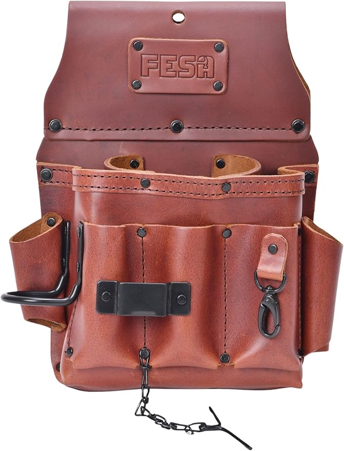 FESA Leather Electrician Tool Pouch - 13-in-1 Top Grain Leather Electrician Pouch w/Steel Hammer Loop, Tape Measure Clip, Tape T-Chain & 6 Pockets - Fits Belts up to 3" - Handcrafted