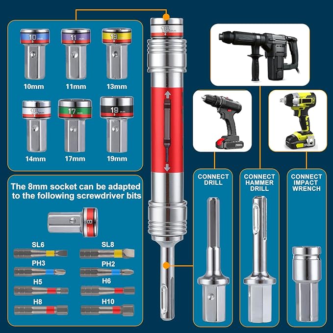19-in-1 Impact Socket Set | 8 Magnetic Screwdriver Bits & 7 Drive Impact Sockets for Drill/Hammer Drill/impact wrench