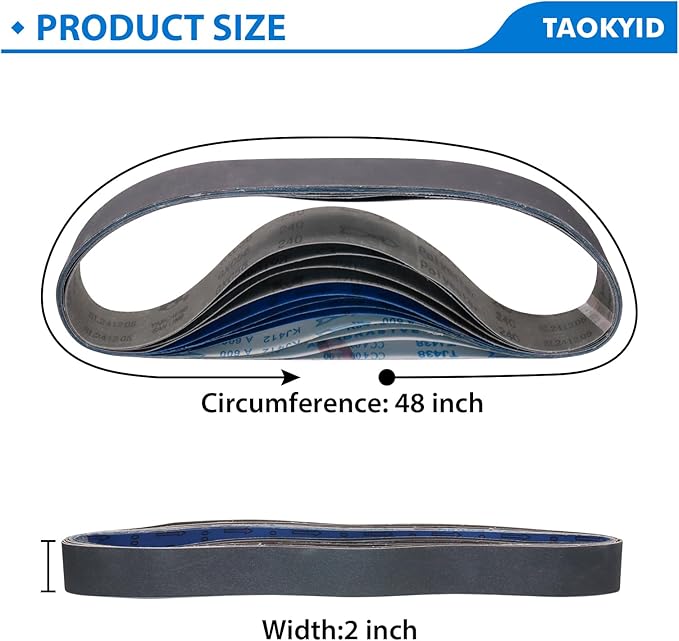 Taokyid 12 Pack 2 x 48 Inch Silicon Carbide Sanding Belts, 2 Each of 120 240 400 600 800 1000 Grits 2x48 Inch Belt Sandpaper For Knife Sharpening and Metalworking, 2x48 Sander Belt
