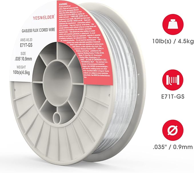 YESWELDER Flux Core Gasless MIG Wire, E71T-GS Mild Carbon Steel .035-Inch Diameter 10-Pound, Strong ABS Plastic Spool Welding Wire