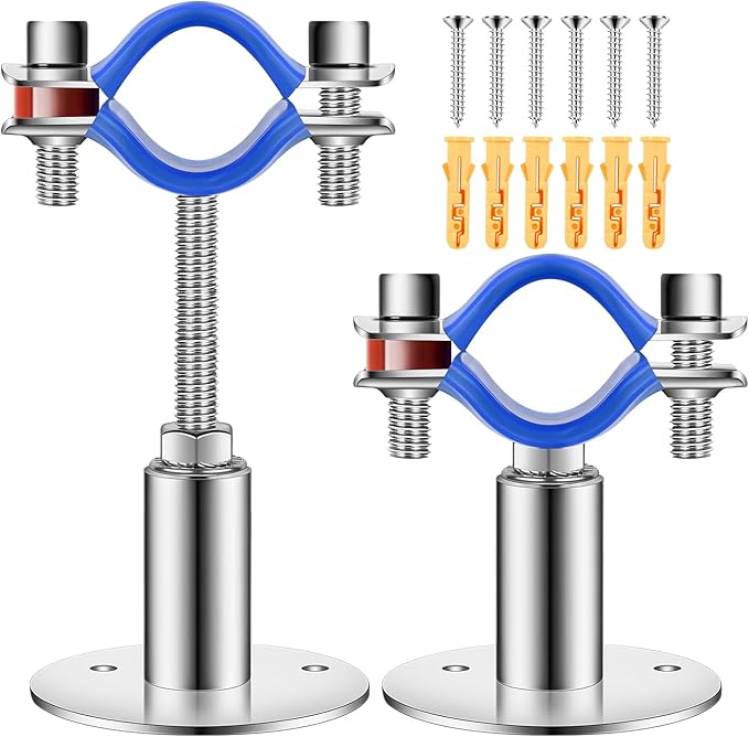 2 Pack Stainless Steel Wall Mount Pipe Support Adjustable - Height Pipe Bracket Pipe Clamp Support Metal Water Pipe Holder Bracket for 3/4 inch Diameter (25-27mm) with Screws