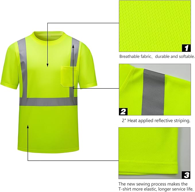 High Visibility Shirts Quick Dry Safety T Shirts with Reflective Strips and Pocket Short Sleeve Mesh Hi Vis Construction Work Class 2 Shirt for Men/Women Lime,Small