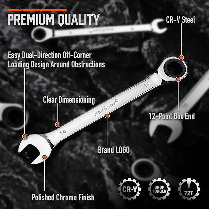 HORUSDY 8-Piece Metric Ratcheting Wrench Set | Ratchet Combination Wrench Set with Organizer | 72-Teeth | 8mm - 17mm | Chrome Vanadium Steel