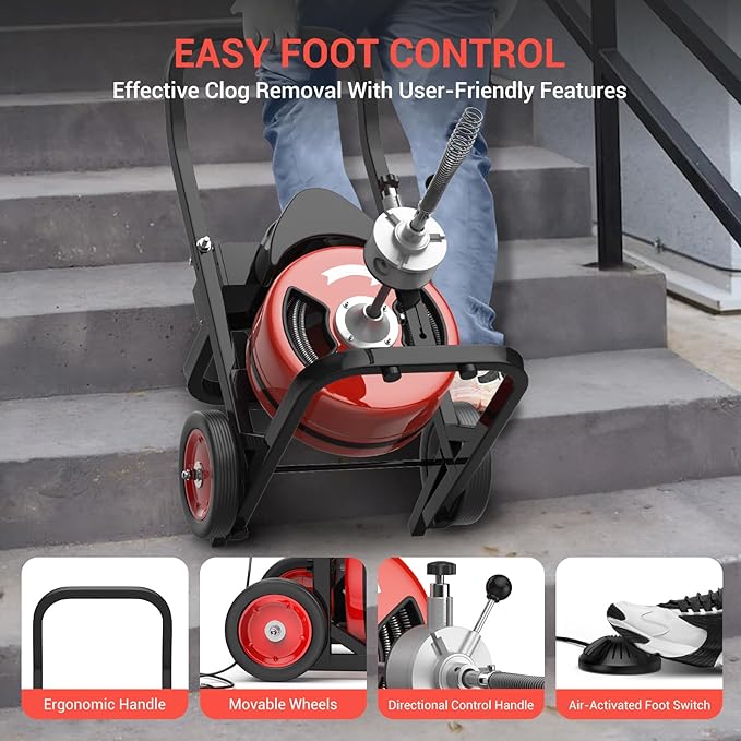 Drain Cleaning Machine 100Ft 1/2 Inch Cable, 450W Auto Feed Portable Electric Sewer Snake, Electric Drain Auger with 6 Cutter Air-Activated Foot Switch for 2" to 4" Pipes