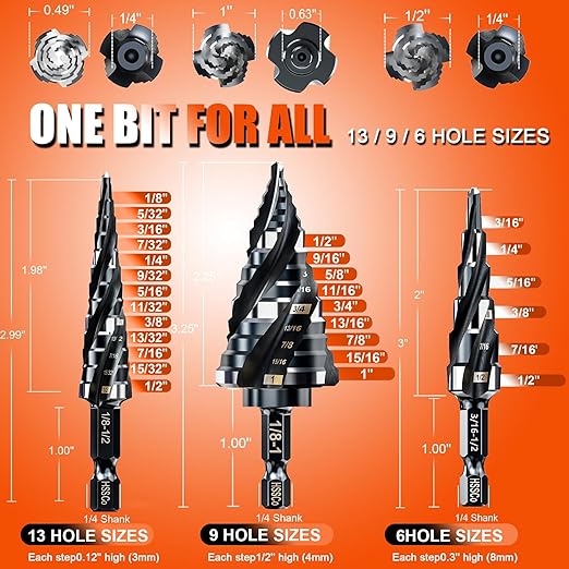 Four Spiral Flute Step Drill Bit for Metal,M35 Cobalt Unibit Step Drill Bit Set 1/4"-1" (30 pcs),Wear-Resistant AlTiN Coated,1/4" Hex Shank for Metal, Stainless Steel, Aluminum, Plastic