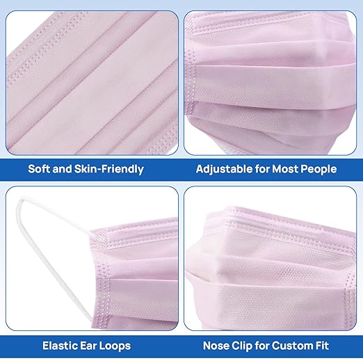 JMU Pink Disposable 4 Ply Earloop Face Masks, 50 Pack Level 3 Filter Protection Face Masks for Adult