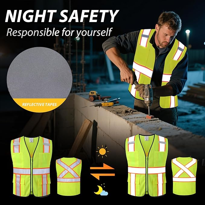 Class 2 Safety Vest with Zipper Front and multiple Pockets, High Visibility Vest, Meets ANSI/ISEA Standards