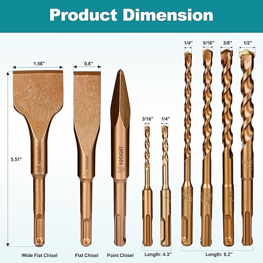 9Pcs SDS-Plus Rotary Hammer Drill Bits and Chisel Set, 3/8 1/4 3/16 5/16 1/2 inch Drill Bits, 2 Flat and 1 Point Chisel for Concrete Stone Brick