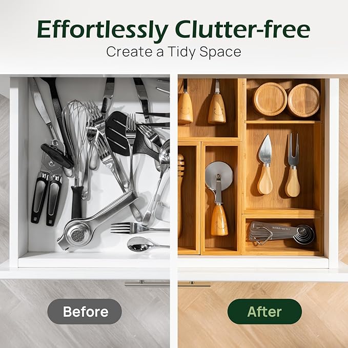 10-Piece Bamboo Drawer Organizer Set, 2.2" Deep | Multi-Use Organizers for Utensils, Silverware, Cutlery, Desk, Bathroom, Junk Drawer & Makeup, Non-Slip Feet Included.