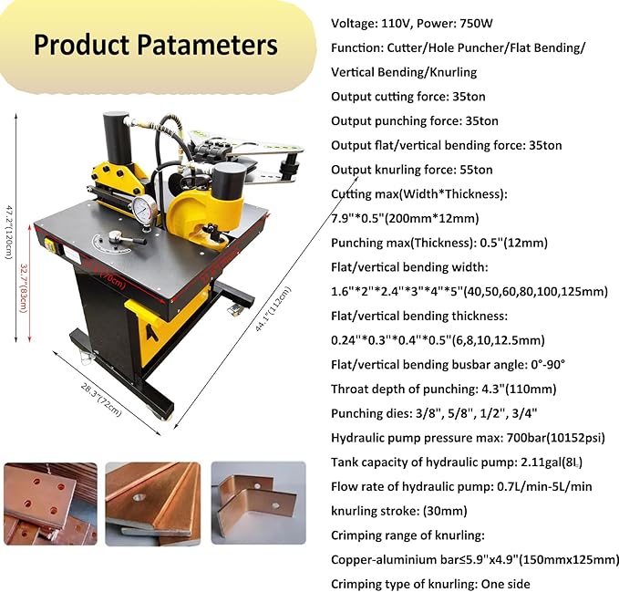 5 in 1 Electric Hydraulic Busbar Processor Busbar Cutter/Hole Puncher/Flat Bending/Vertical Bending/Knurling Machine for Iron, Copper, Aluminum 110V 750W