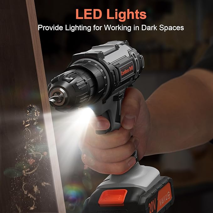 Cordless Drill, 20V Power Drill, Double 2000mAh Power Pack Electric Drills, Cordless Drills with Power Pack and Charger, 3/8" Keyless Chuck Screwdriver with 25+1 Max 370 In-lb Torque, 42Pcs Bits