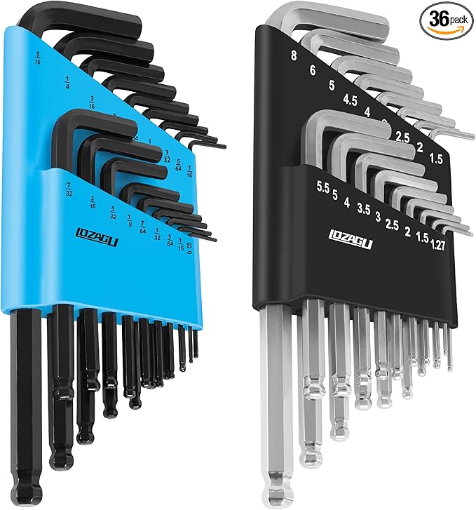 36-Piece Hex Key Allen Wrench Set with Ball End - SAE/Metric Sizes and 2 Storage Cases (Blue/Black)
