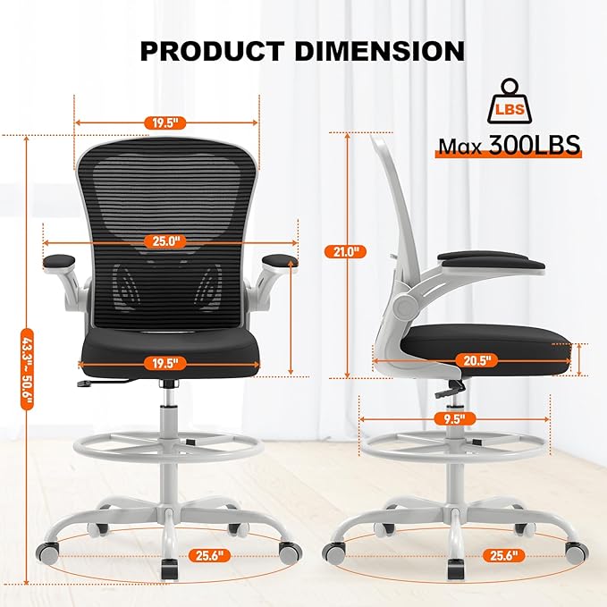 Ergonomic Drafting Chair, Tall Office Chair with Flip-up Armrests, Breathable Mesh High Desk Chair with Lumbar Support Adjustable Footrest Ring for Standing Desk Grey Black