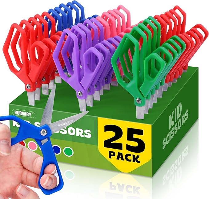 25Pack 5" Small School Student Pointed-Tip Craft Kids Scissors, Stainless Steel Blades Comfort Grip 5 Inch Safety Scissors Bulk for Kids Children Toodler Cutting Paper Crafting