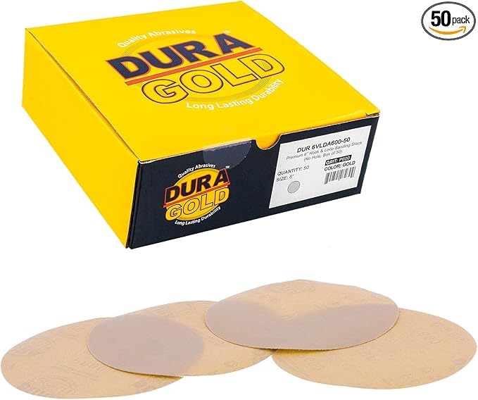 Dura-Gold Premium 600 Grit 6" Gold Sandpaper Discs, No Hole Pattern Dustless, Box of 50, Hook & Loop Backing for DA Sander, Finishing Coarse Sanding Abrasive Automotive Paint, Woodworking Wood, Metal