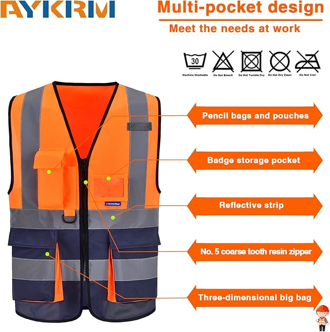 Orange&Navy Small High visibility vest,Reflective Safety Vest Workwear 7 Pockets Hi Vis Durable Vest with Reflective Tapes 4 Lower Pockets