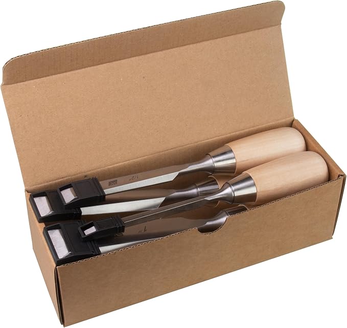4 Piece Bevel Edge Butt Chisel Set 1/4 inch(6mm), 1/2 inch(12mm), 3/4 inch(20mm), 1 Inch(26mm) with Hornbeam Handles and Stainless Steel Ferrules