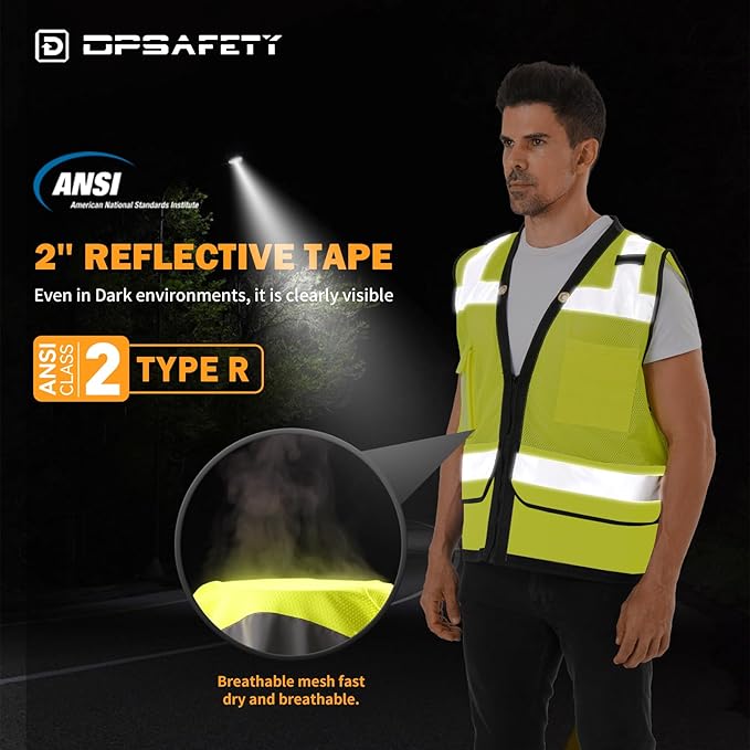 Reflective Safety Vest With Back Plan Pocket, High Visibility Class 2 Heavy Duty Surveyor With Zipper, Hi Vis ANSI/ISEA Standard, Construction Work for MenWomen (Lime, 4XL)
