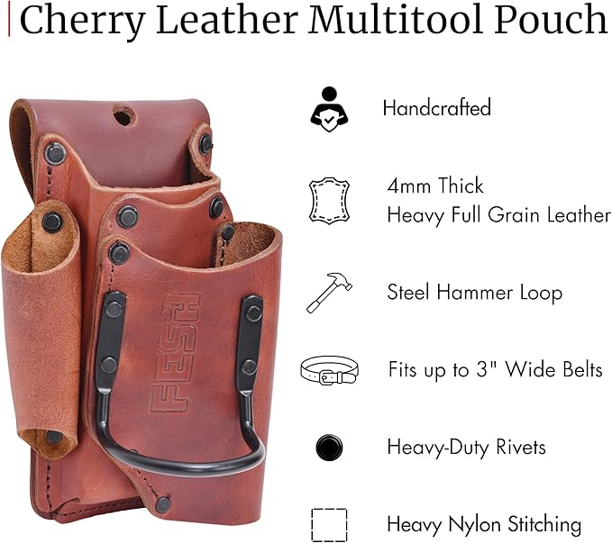 FESA Small Leather Tool Pouch - 5-in-1 Heavy Top Grain Leather Small Tool Pouch with a Steel Hammer Loop, 4 Pockets & Reinforced Heavy Duty Rivets - Fits Belts up to 3" - Handcrafted