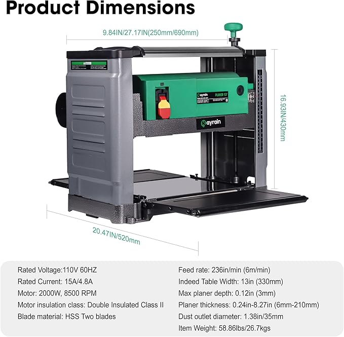 13'' Benchtop Planer 15A 2000W - HSS Double-sided Blade & 85% Dust Collection, 0.008'' Precision, 3-Yr Warranty for Hardwood/Softwood