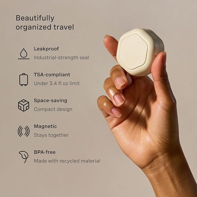 Cadence Travel Containers Basic Skincare Set - Magnetic Containers with Lids,Carry On Travel Essentials For Women/Men - 3 Small Capsules (0.56oz) - Cleanser, Moisturizer & Sun-Icon Labels - Sand